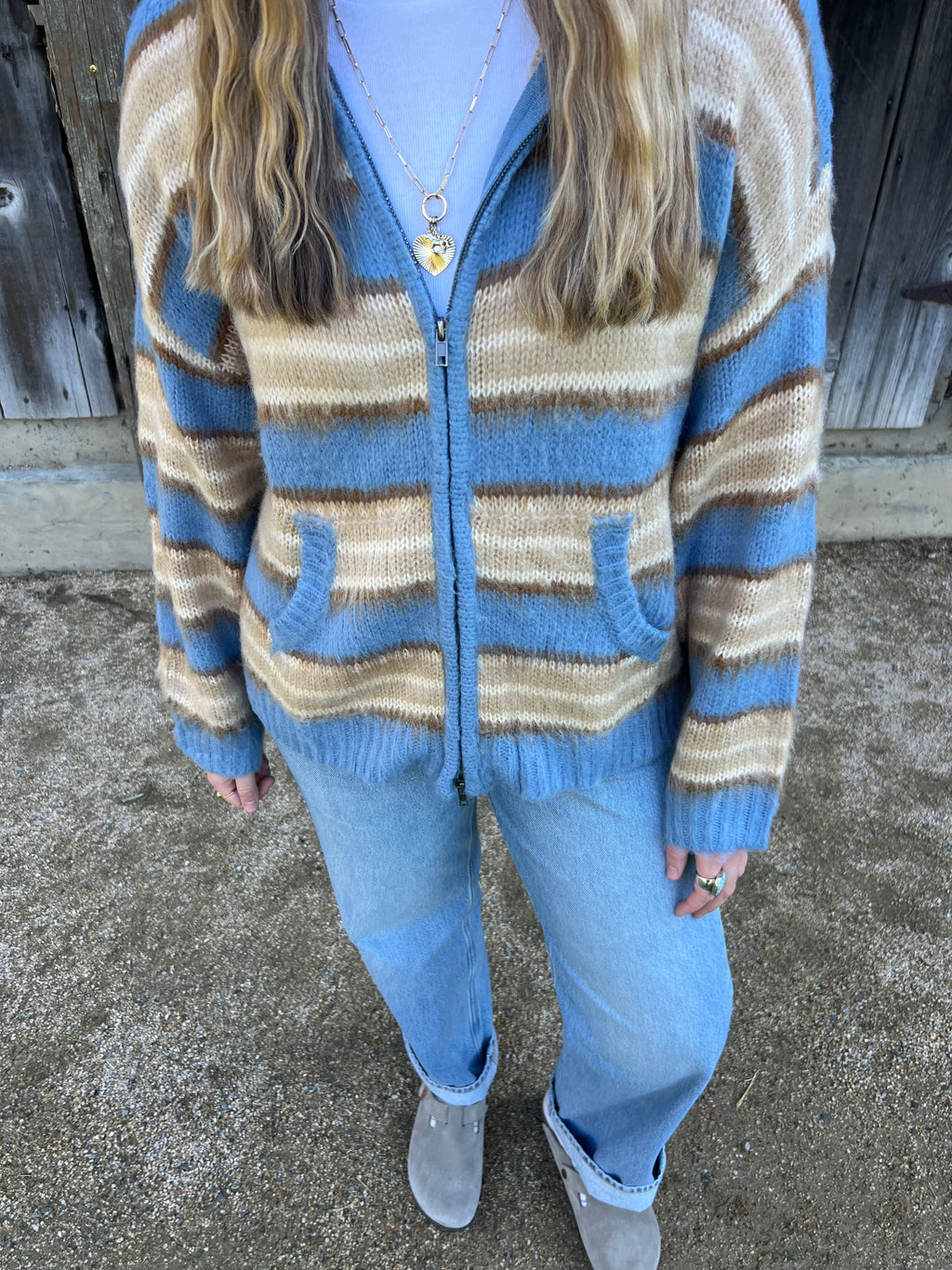 Honey Striped Zip Up Sweater