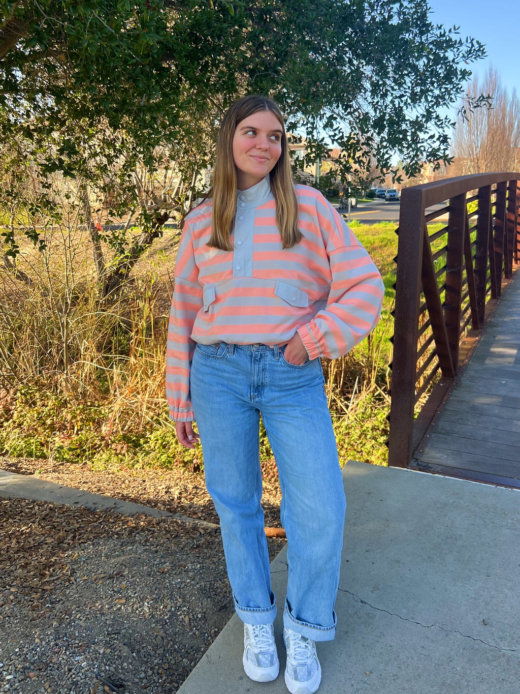With Love Striped Button Up Sweatshirt