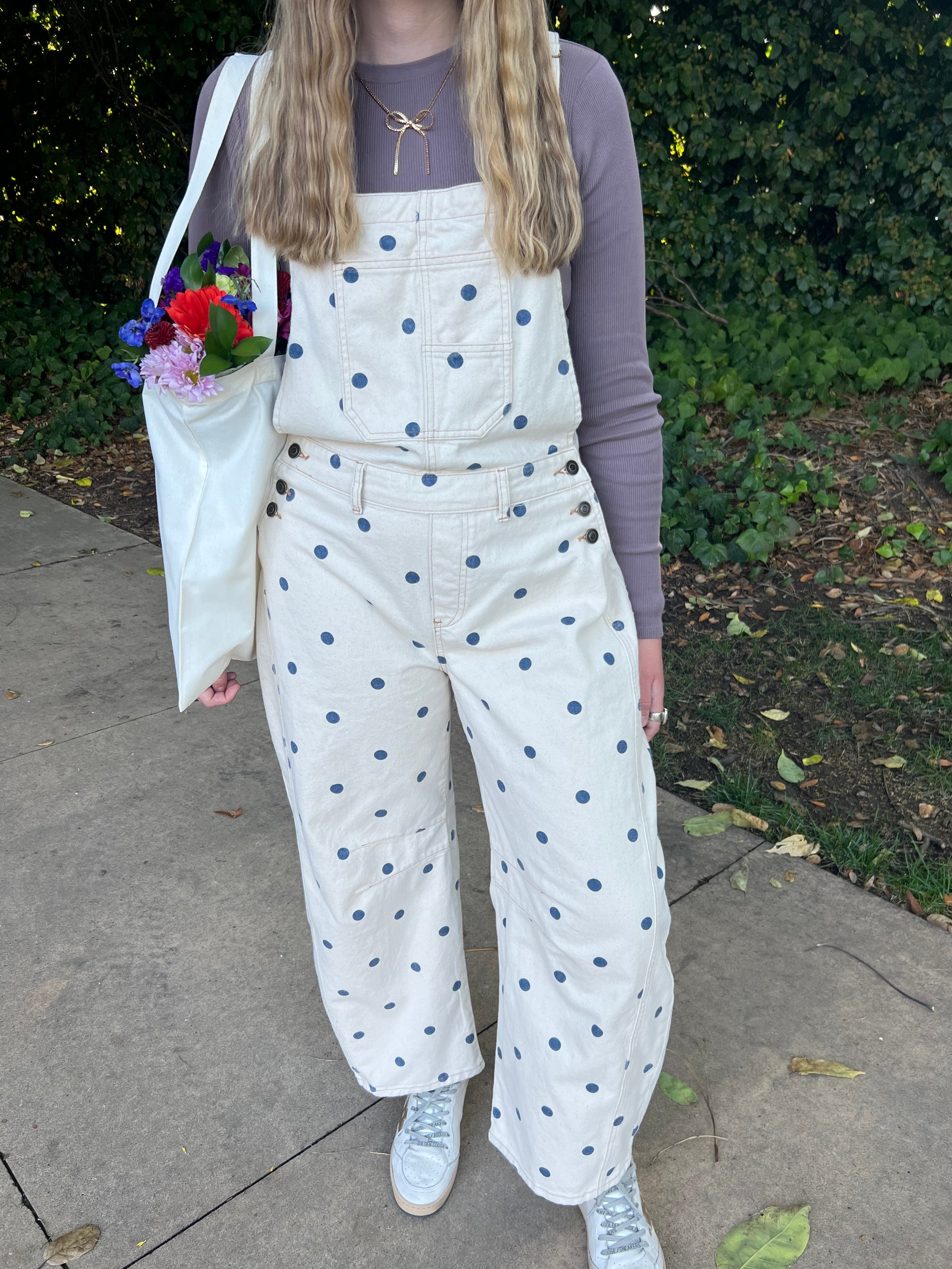Blueberry Latte Polka Dot Barrel Overalls
