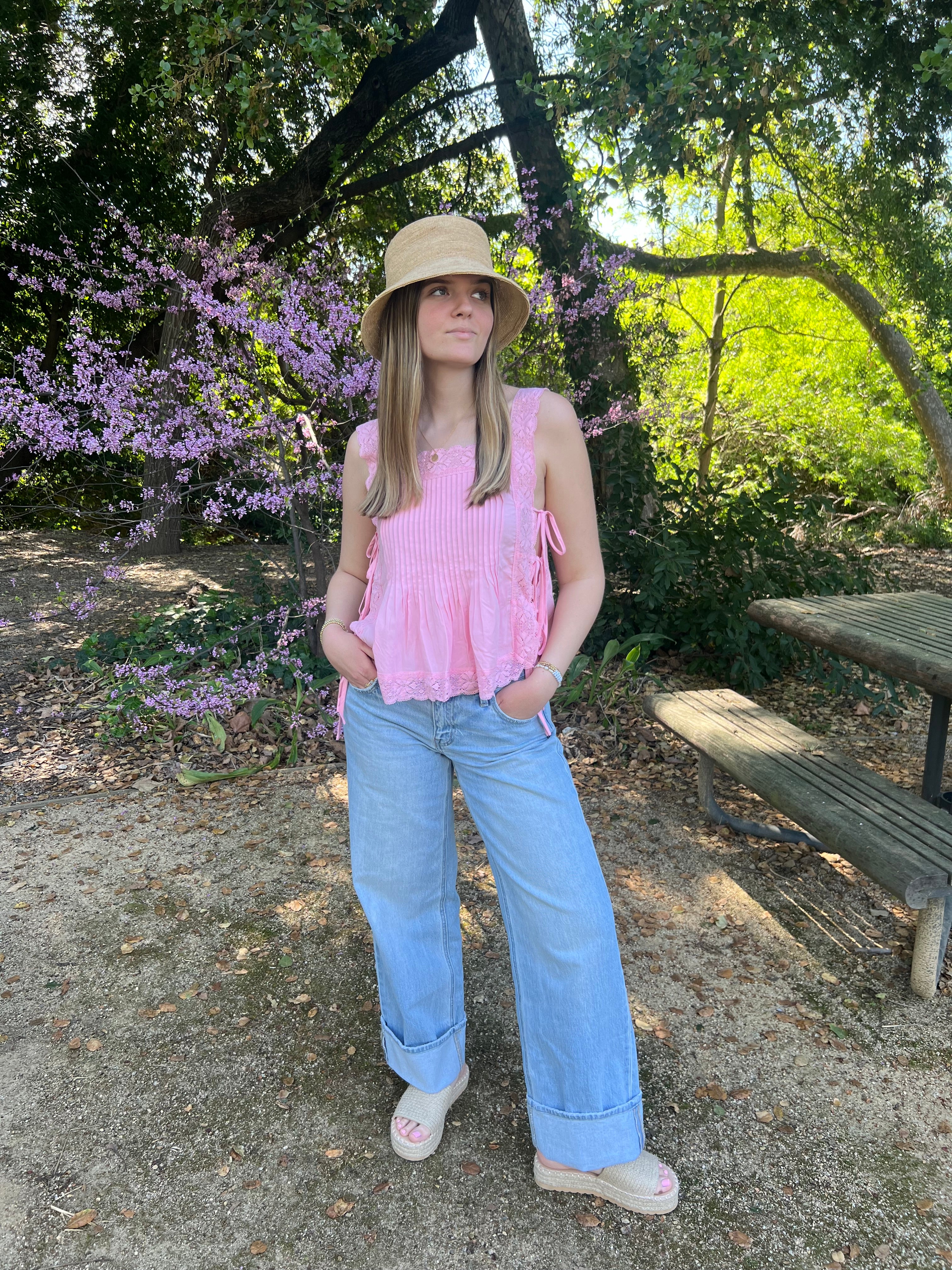 Pink Petal Pleated Lace Tie Top