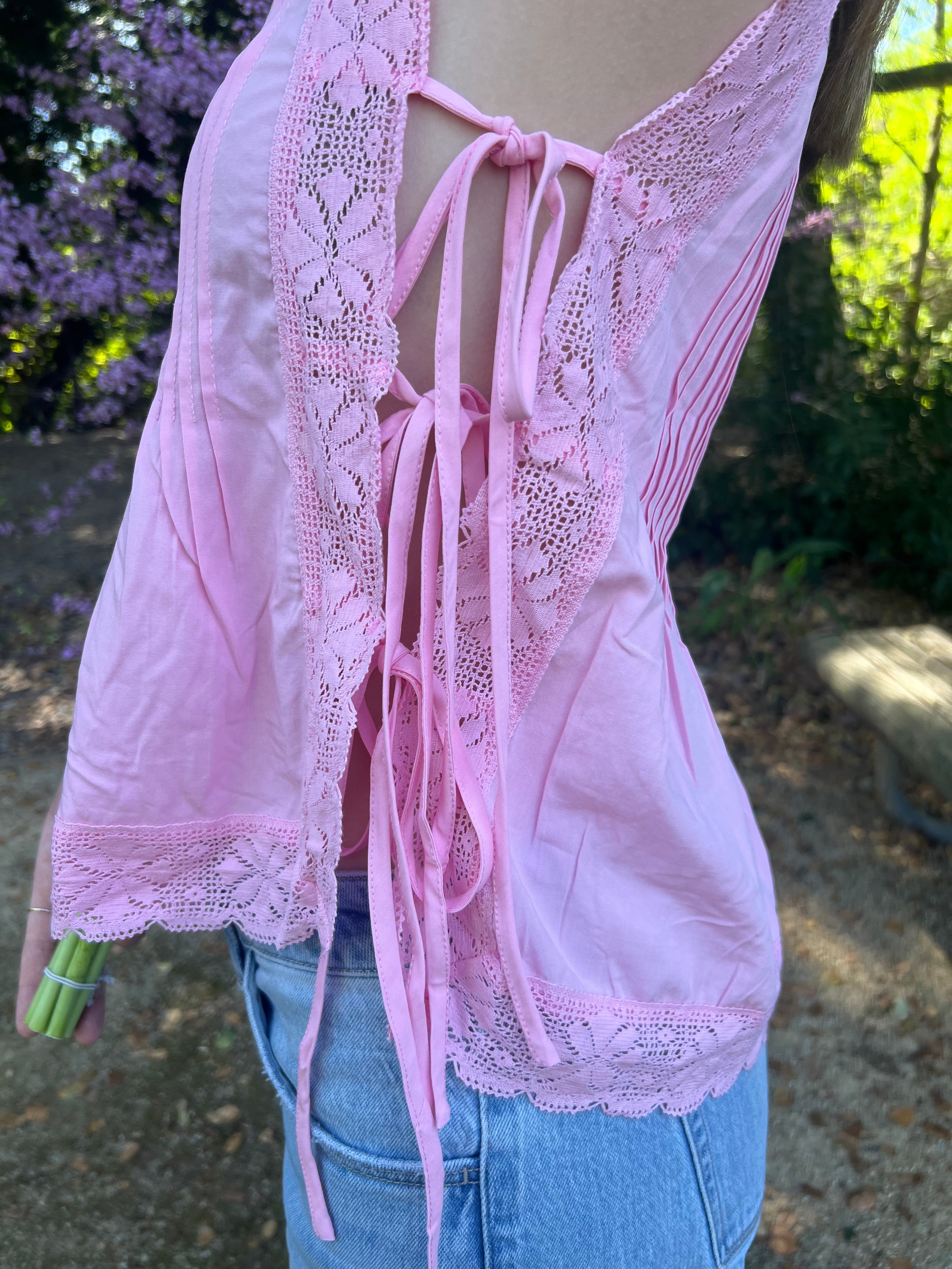 Pink Petal Pleated Lace Tie Top
