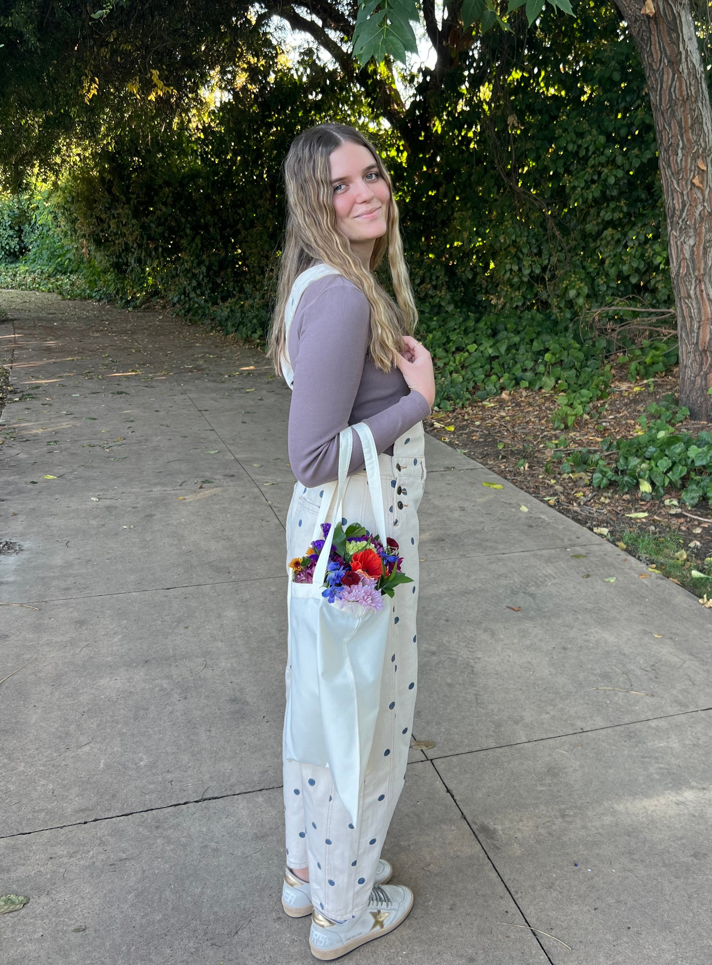 Blueberry Latte Polka Dot Barrel Overalls