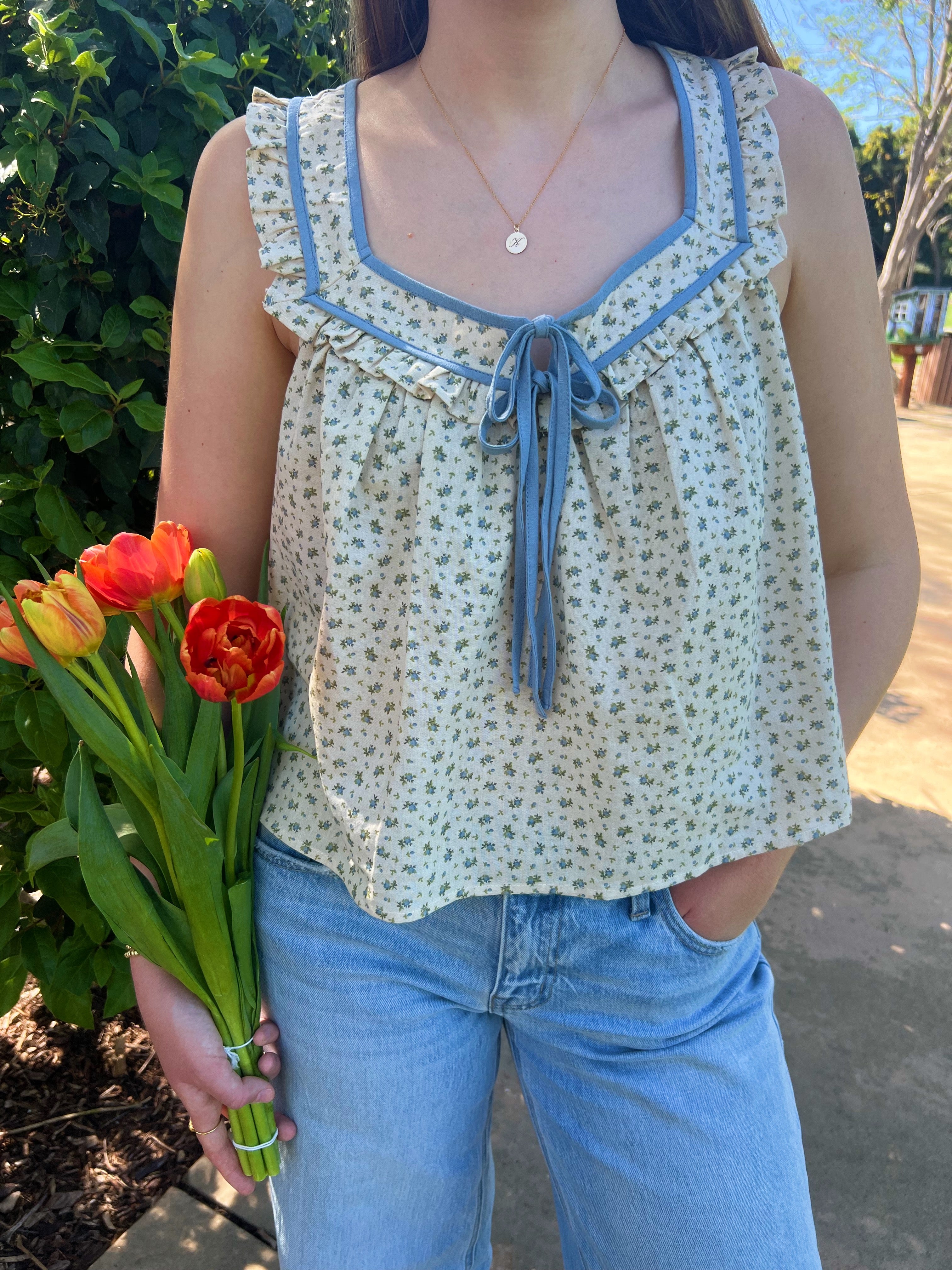Meadow Blue Floral Ruffle Tank
