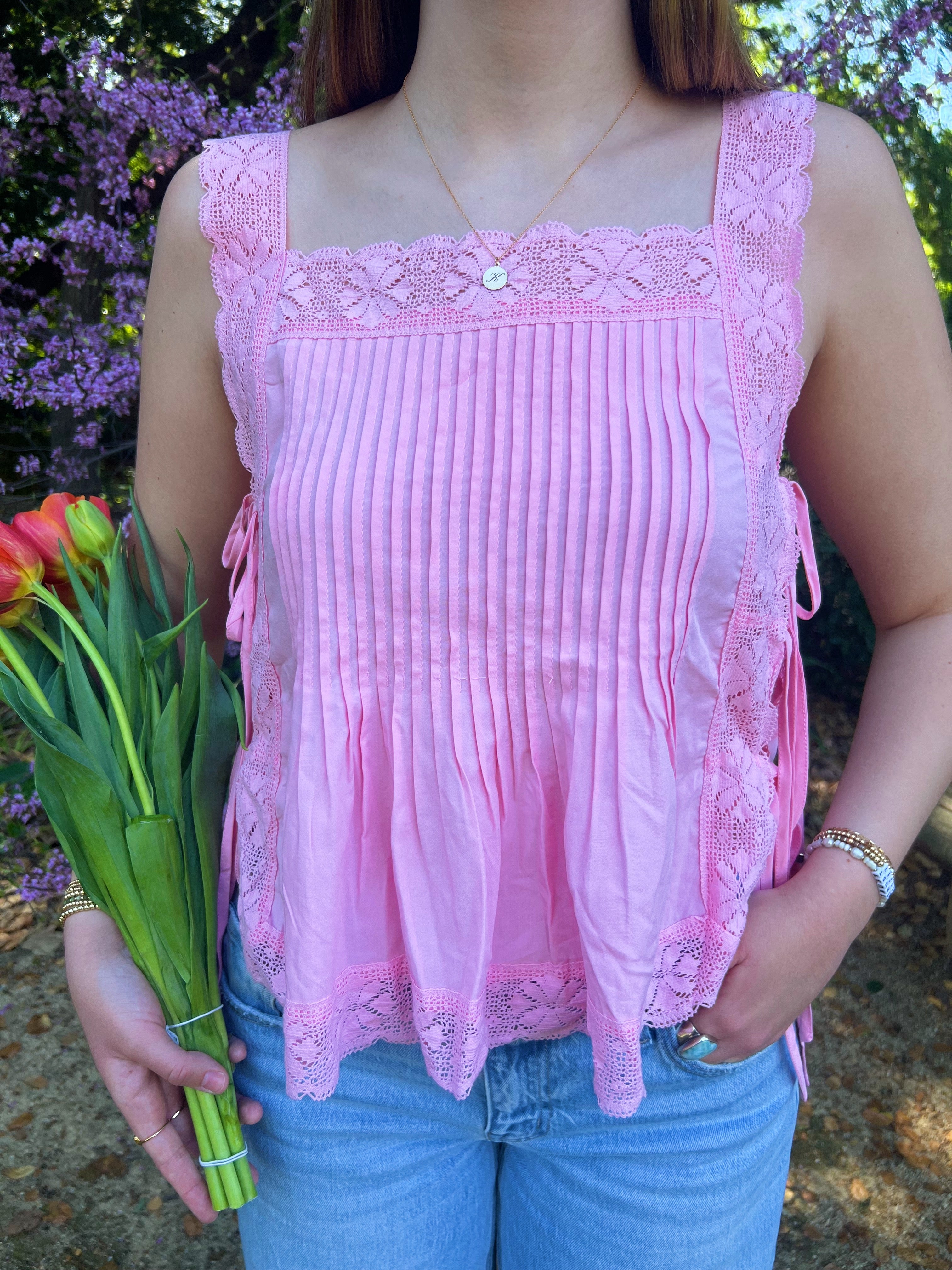 Pink Petal Pleated Lace Tie Top