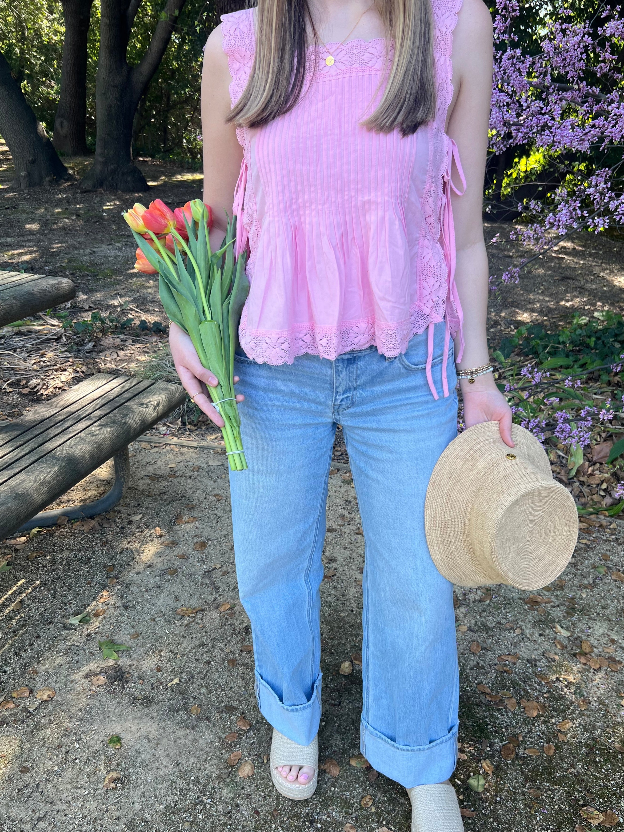 Pink Petal Pleated Lace Tie Top