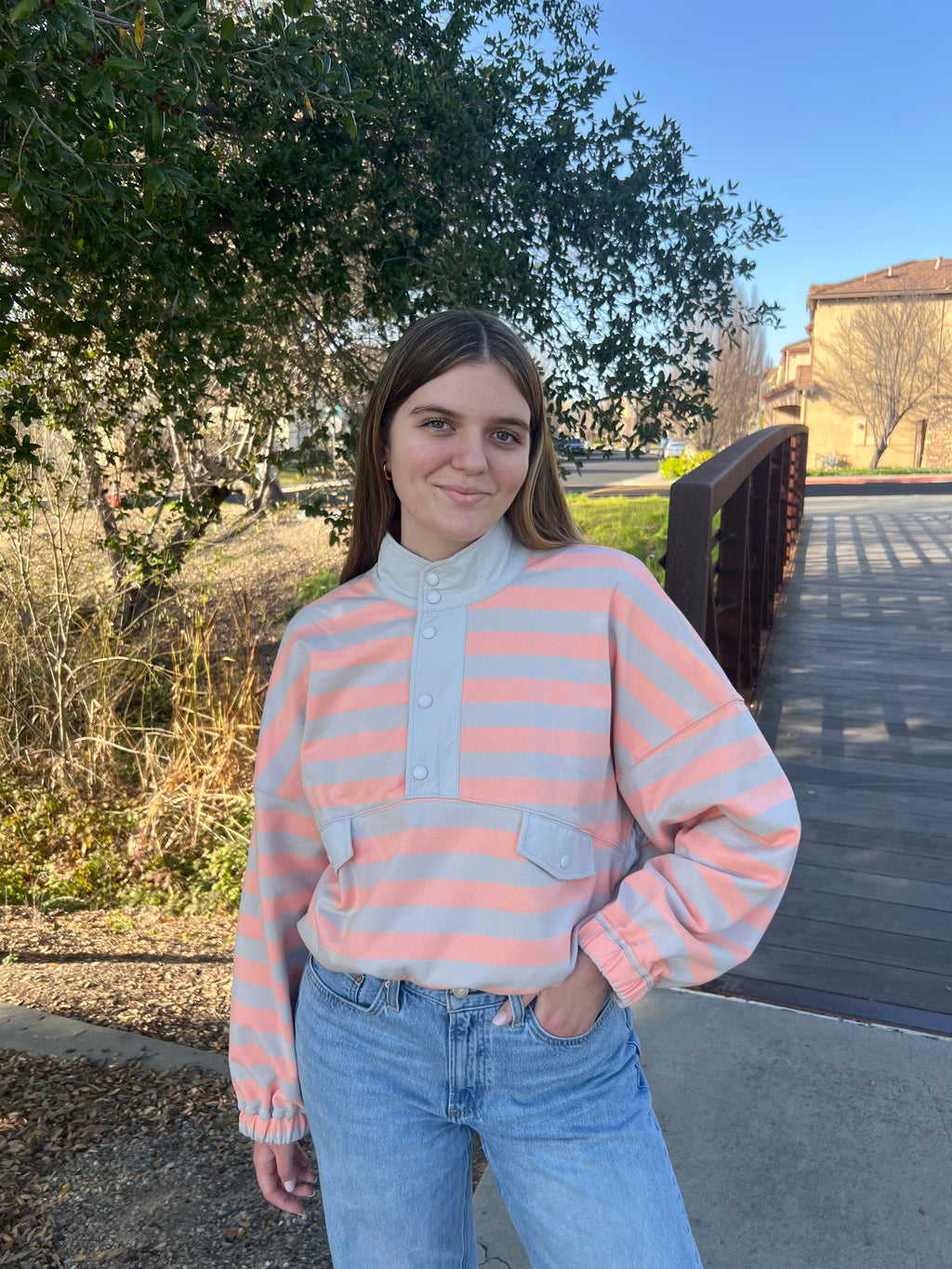 With Love Striped Button Up Sweatshirt
