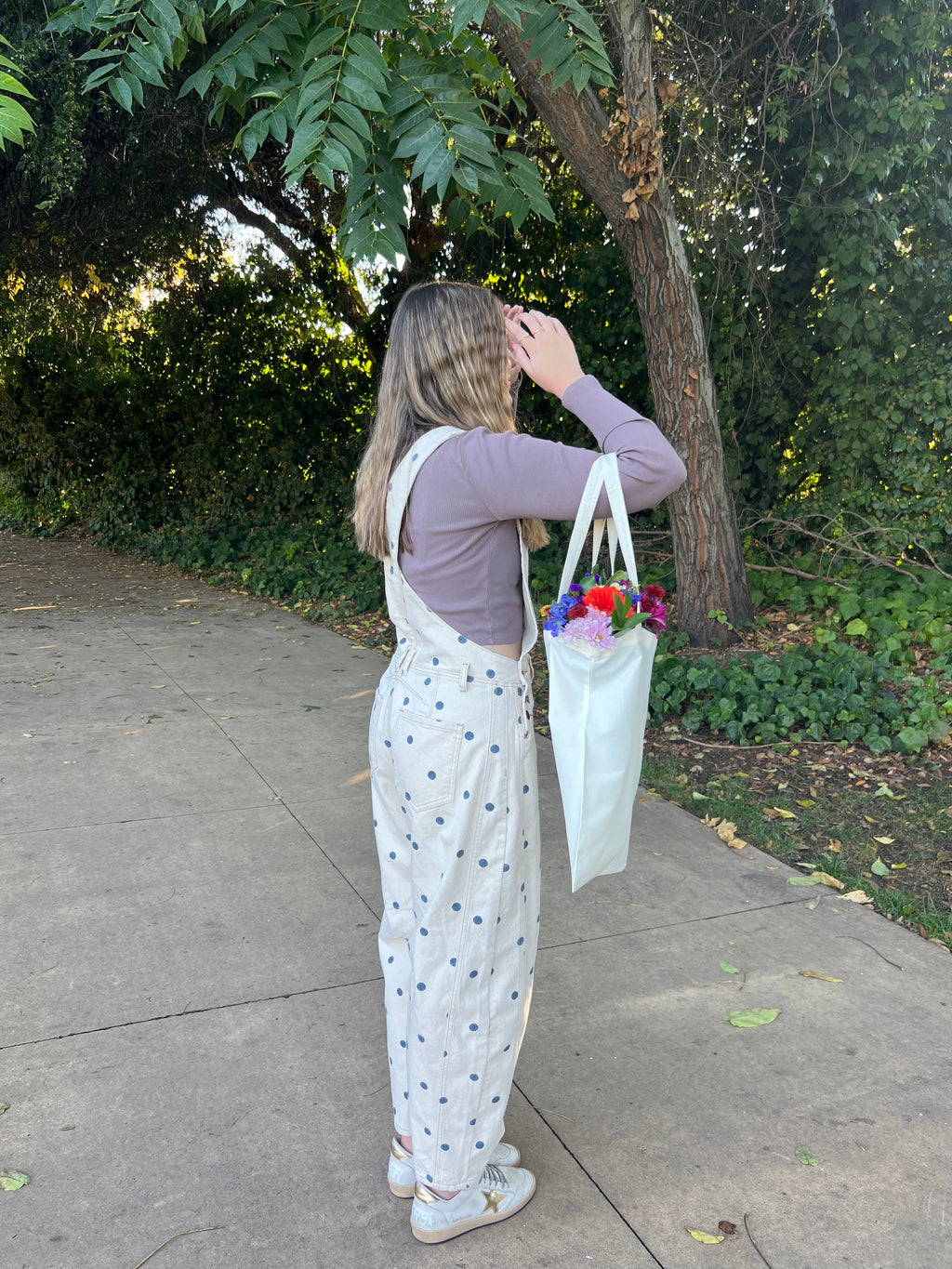 Blueberry Latte Polka Dot Barrel Overalls