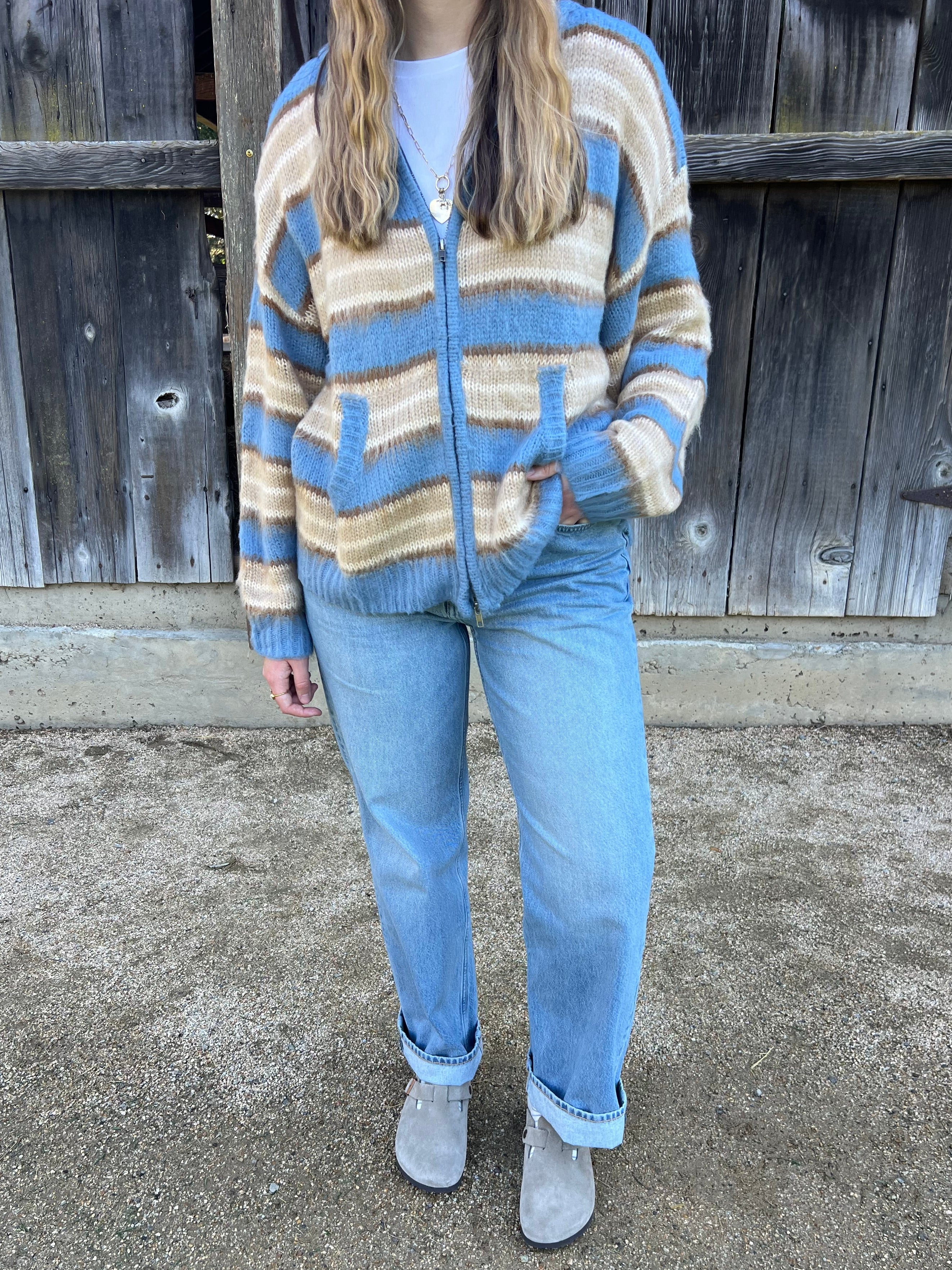Honey Striped Zip Up Sweater