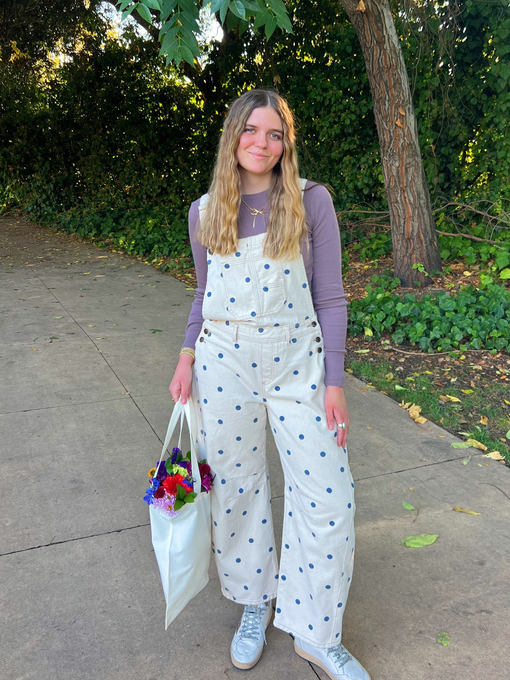 Blueberry Latte Polka Dot Barrel Overalls