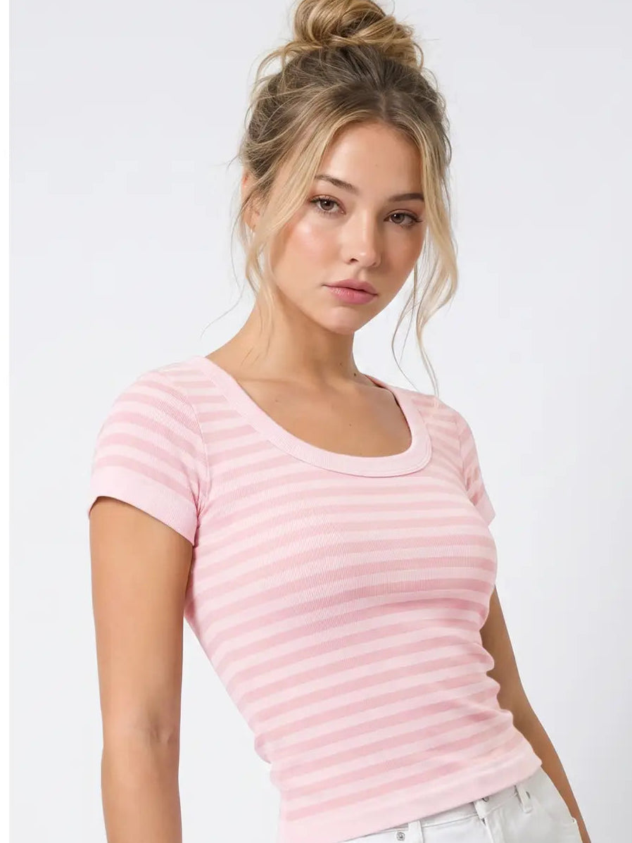 Striped Icy Pink Stretchy Scoop Neck Top
